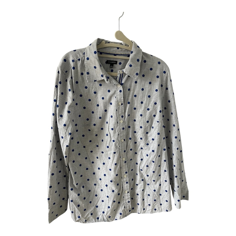 Talbots Women’s Large Gray Button-Down Shirt with Blue Polka Dots 100% Cotton